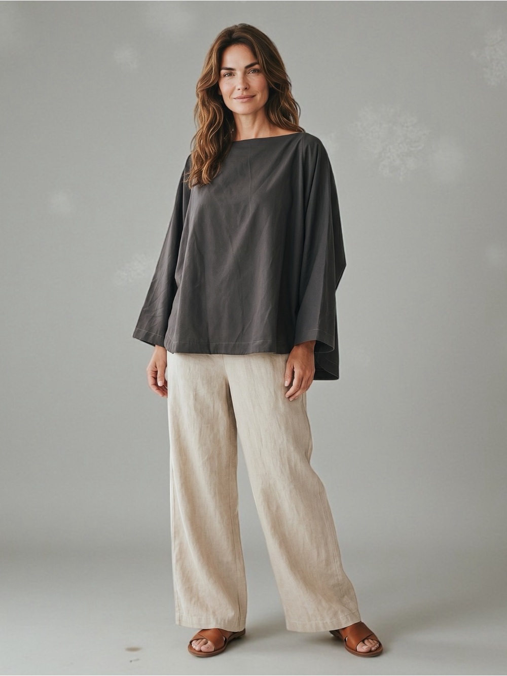 Black Crane Boat Neck Top L Olive Taupe Oversized Lagenlook Granola Minimalist